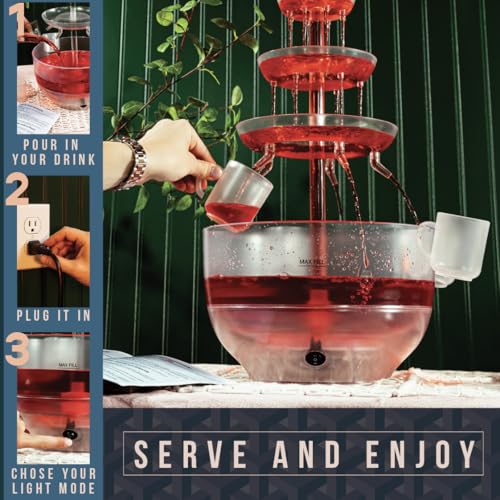 Kusini Drink Fountain for Parties - 1.5 Gal, 3 Tier Punch Bowl Champagne Tower, LED Base, 4 Reusable Cups - Drink Tower Machine for Soda, Juice, Mimosa, Pani Puri Fountain for Party Hosting Supplies