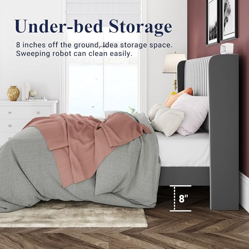 Allewie Queen Size Velvet Bed Frame/Vertical Channel Tufted Wingback Headboard/Upholstered Platform Bed/Strong Wooden Slats/No Box Spring Needed/Easy Assembly/Black