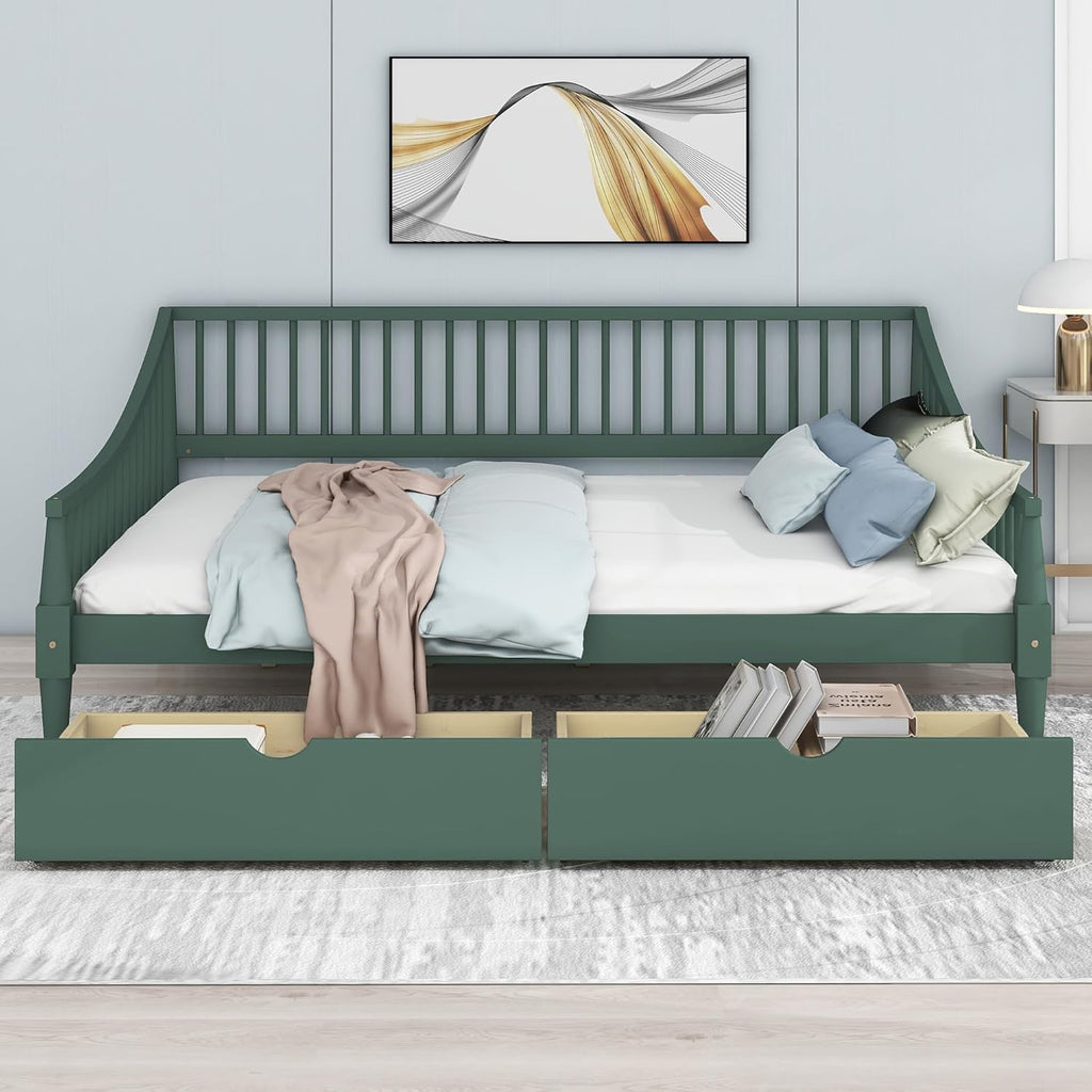 Full Size Wooden Daybed with 2 Storage Drawers and Wood Support Legs, Multi-Functional Full Day Bed wtih Rails on 3 Sides for Bedroom, Living Room and Guestroom, Green
