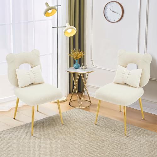 Furnimart Cute Vanity Chair, Bear Shape Makeup Chair with Backrest Pillow, Comfy Accent Chair Desk Chair Teddy fabric with Golden Metal Legs for Living Room/Dressing Room/Home Office Green