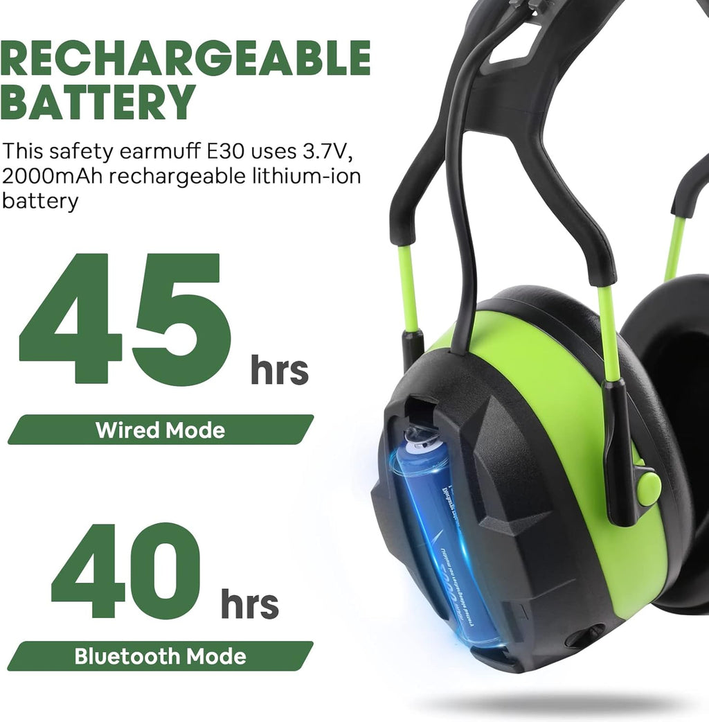 Bluetooth Hearing Protection, FM MP3 Noise Reduction Radio Headphones with 29dB NRR, Safety Ear Muffs with Bluetooth Radio, Wireless Cancelling Bluetooth Rechargebale FM Radio Headphones, Green