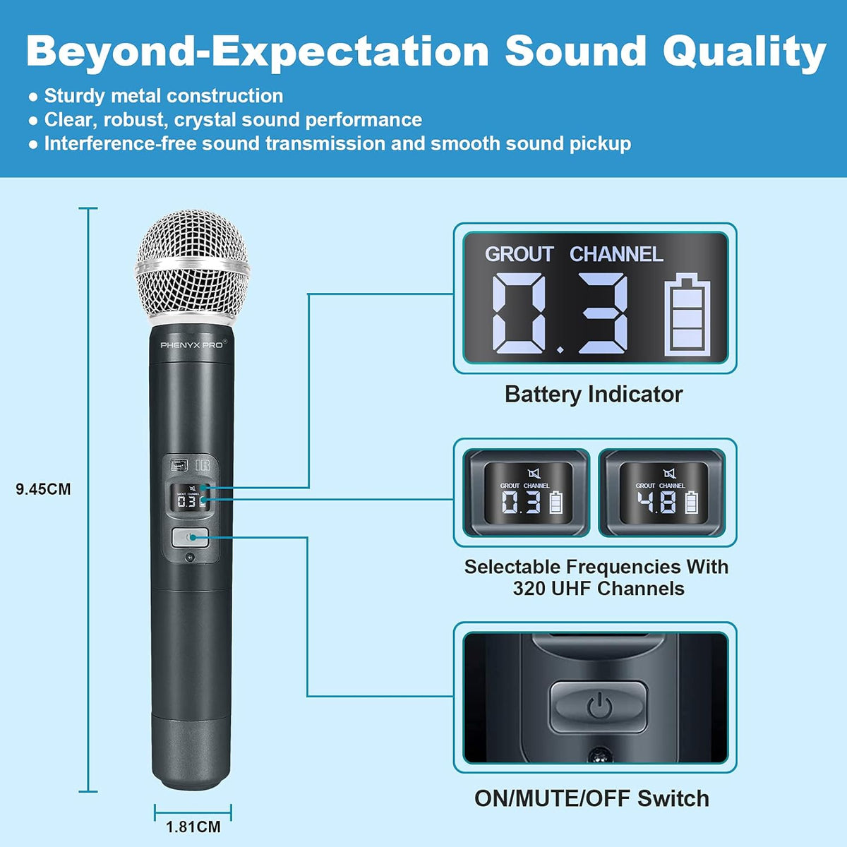 Wireless Microphone System, Phenyx Pro Quad Channel Cordless Mic Set with Metal Handheld Mics, 4x40 Channels, Auto Scan, Long Distance 328ft, Ideal for DJ, Church, Outdoor Events (PTU-7000A)