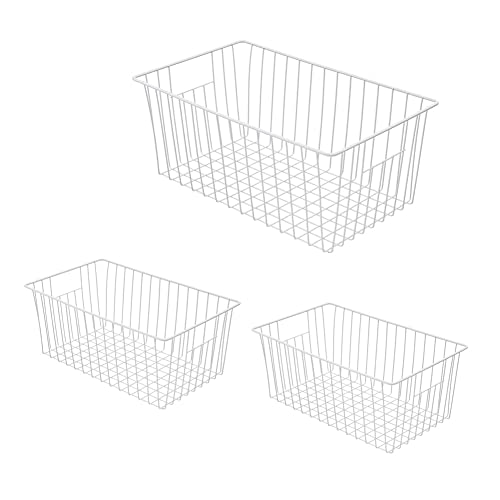 Freezer Wire Baskets, Kitchen Storage Organizer Bins for Chest and Upright Freezer, Refrigerator Dividers Containers with Handles - Pearl White (3)