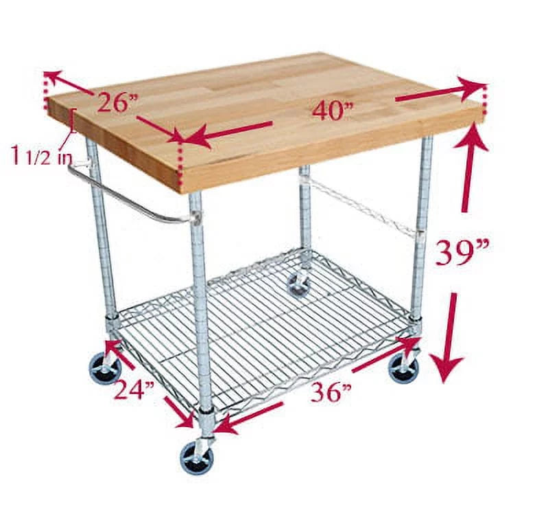 2 Tier Gourmet Cart with 26 Deep x 40 Wide Maple Butcher Block Top