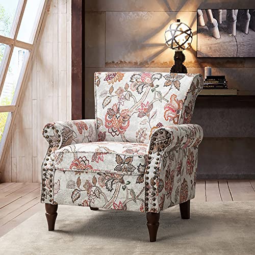 HULALA HOME Modern Wingback Accent Chair with Wood Legs & Removable Cushion, Comfy Upholstered Armchair with Nailhead Trim, Floral Pattern Single Sofa Chair for Living Room Bedroom, Blue