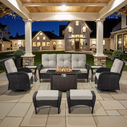 Patio Wicker Chairs Swivel Rocker - Outdoor Swivel Rocking Chairs Set of 2 with Rattan Side Table, Patio Swivel Glider Chair 3 Piece Patio Furniture Sets for Deck Porch Pool Brown/Blue