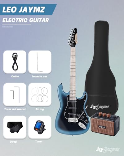 Leo Jaymz 39 Full Size ST Style Electric Guitar Starter Kit with SSH Pickup, 5W Portable Amp, Tuner, Gig Bag, Strap & Accessories (Violet Ocean)