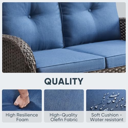 Patio Wicker Chairs Swivel Rocker - Outdoor Swivel Rocking Chairs Set of 2 with Rattan Side Table, Patio Swivel Glider Chair 3 Piece Patio Furniture Sets for Deck Porch Pool Brown/Blue