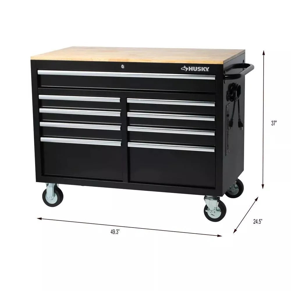 Husky 46 in. W x 24 in. D 9-Drawer Gloss Black Deep Tool Chest Mobile Workbench