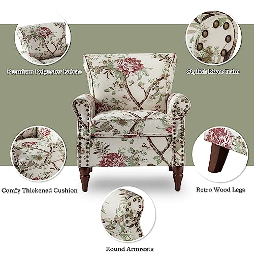 HULALA HOME Modern Wingback Accent Chair with Wood Legs & Removable Cushion, Comfy Upholstered Armchair with Nailhead Trim, Floral Pattern Single Sofa Chair for Living Room Bedroom, Blue