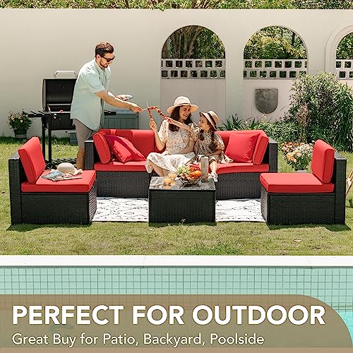 Devoko Patio Furniture Sets 6 Pieces Outdoor Sectional Rattan Sofa Manual Weaving Wicker Patio Conversation Set with Glass Table and Cushion (Beige)