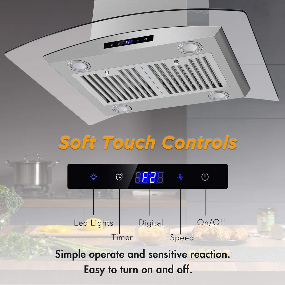 FIREGAS Island Range Hood 36 inch 450 CFM with Chimney,Tempered Glass,4 LED Lights,3 Speed Fan,Touch Control,Permanent Filter,Charcoal Filter,Stainless Steel,Island Mount,Ceiling Mount