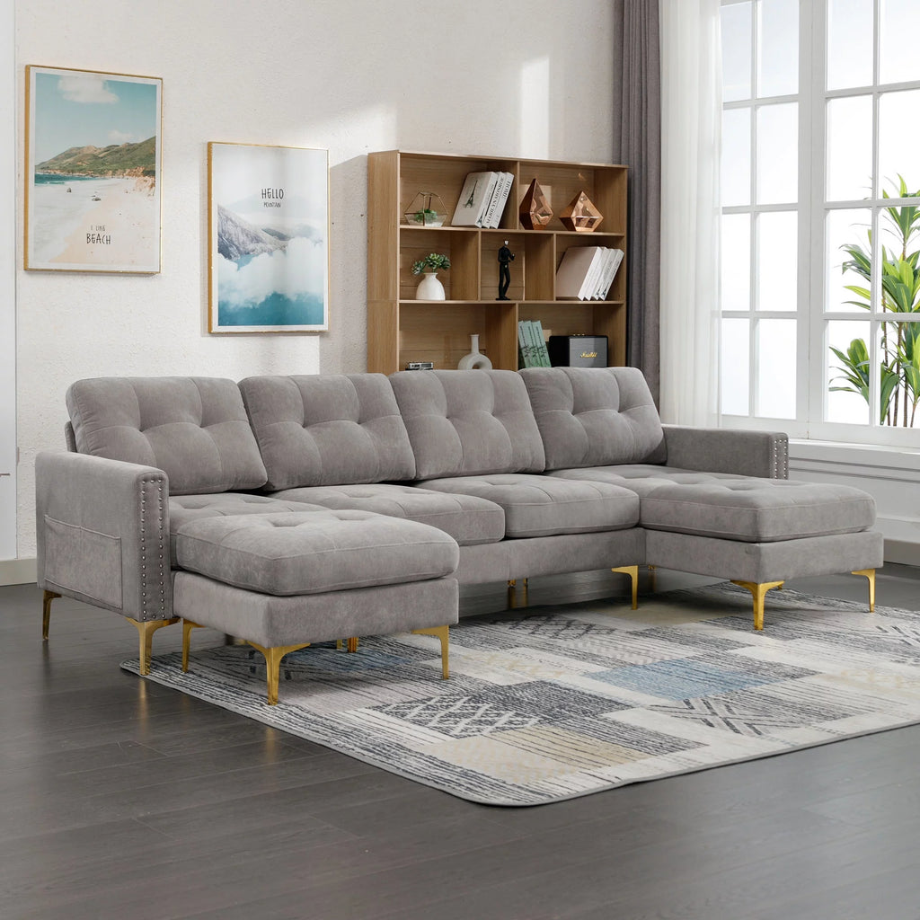 Soges U-Shaped Sectional Sofa with Ottoman, Convertible Couch for Living Room, 5 Seater Sofa, Gray, 110x54