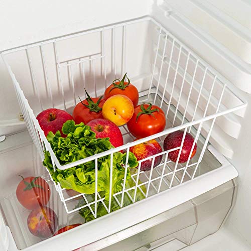 Freezer Wire Baskets, Kitchen Storage Organizer Bins for Chest and Upright Freezer, Refrigerator Dividers Containers with Handles - Pearl White (3)