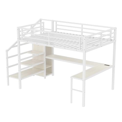 SOFTSEA Queen Size Metal Loft Bed with L-Shaped Desk and Wardrobe, Metal Bed Frame with USB and Adjustable Shelf, High Loft Bed with LED for Bedroom, No Box Spring Needed, White Wood Grain
