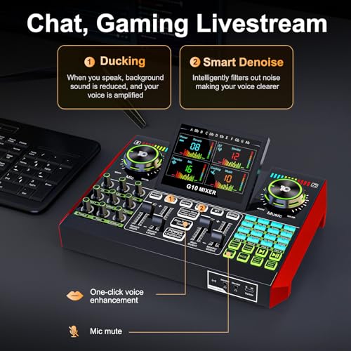 Podcast Microphone Bundle with Live Sound Card Audio Mixer, Podcast Equipment Bundle with 3.5mm Condenser Microphone for Pc/Phone Live Streaming Singing Gaming, Sound Board with Voice Changer, Denoise