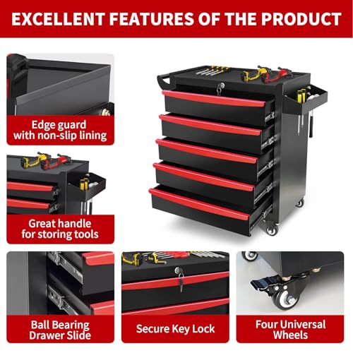 Rolling Tool Chest, Metal Tool Box with 5 Drawers, Lockable Garage Storage Cabinets Sliding Tool Drawer Cart on Wheels Toolbox Organization Workbench for Workshop Warehouse Repair Shop