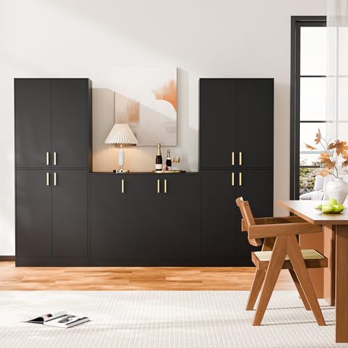 Cozy Castle Kitchen Pantry Cabinet, 71 Tall Wood Storage Cabinet with Doors and Shelves 4 Doors Freestanding Cupboard Utility Hutch for Dining Room Living Room Bathroom Furniture, Gray