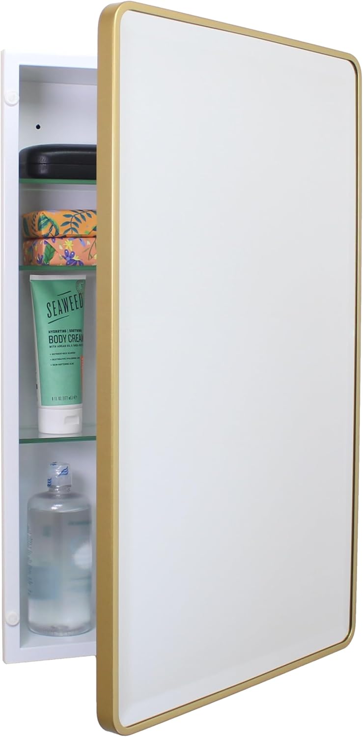 16x20 Austin Farmhouse Metal Framed Rounded Rectangle Recessed Bathroom Medicine Cabinet, Beveled Mirror, 14x18 in-Wall Opening, powder-coated Steel, Glass Shelves, Magnet Close, Brushed Nickel