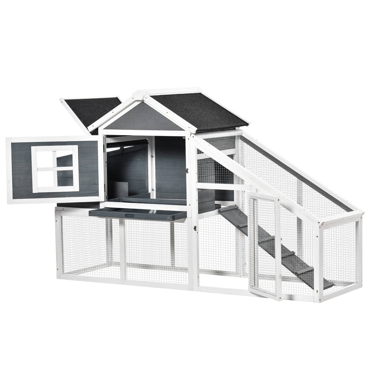 PawHut 69x22 Outdoor Wooden Chicken Coop Hen House with Nesting Box and Run - White