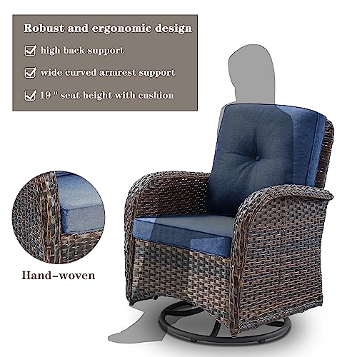 Patio Wicker Chairs Swivel Rocker - Outdoor Swivel Rocking Chairs Set of 2 with Rattan Side Table, Patio Swivel Glider Chair 3 Piece Patio Furniture Sets for Deck Porch Pool Brown/Blue