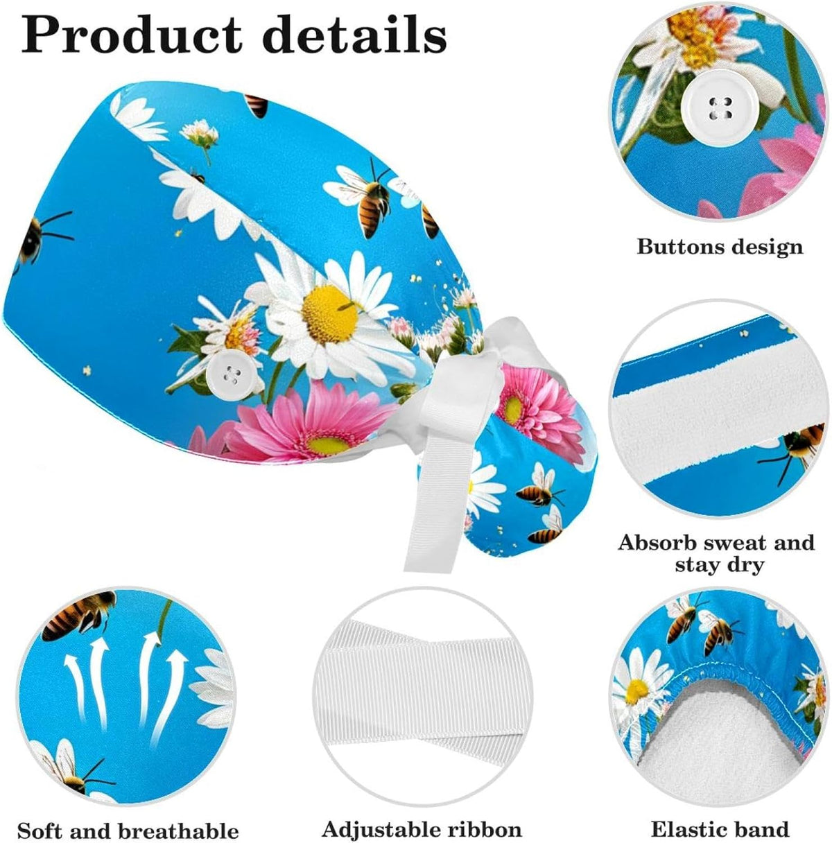 Scrub Surgical Hat,Cycling Hat with Buttons and Cotton Sweatband,Peach Blossom Spring Butterfly