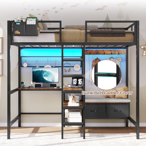DICTAC Twin Loft Bed with L-Shaped Desk,Storage Shelves and Charging Station Metal Loft Bed Twin Size with LED Lights,Coat Rack with Drawers and Stair,Top Bunk with Safety Guardrail for Teen,Black