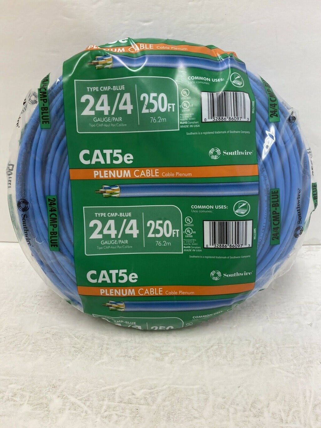 Southwire 250 ft. Blue 24/4 Solid Cu Cat5e Cmp (Plenum) Data Cable