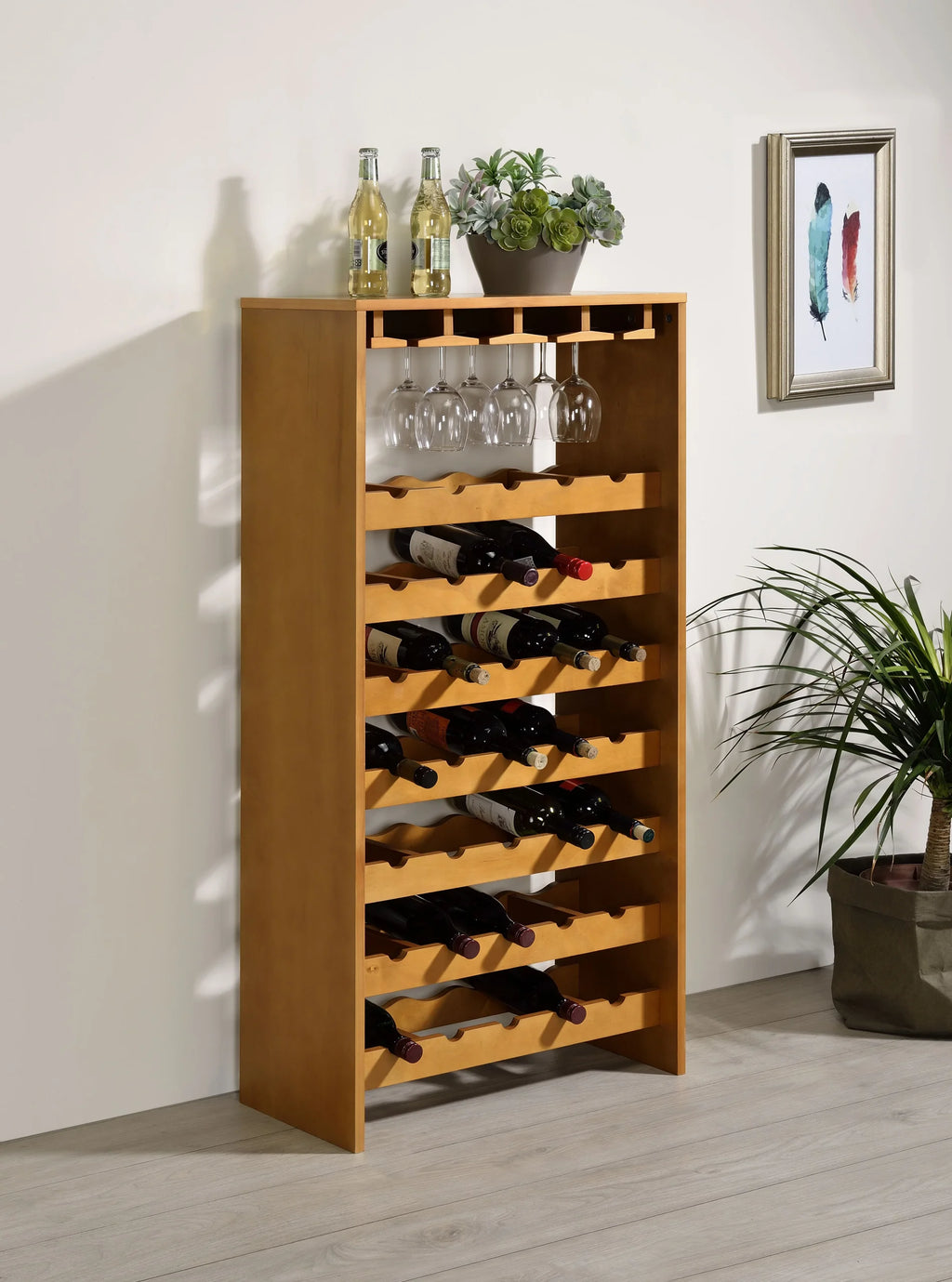 ACME Hanzi Wood 35-Bottle Wine Cabinet with Stemware Rack in Oak