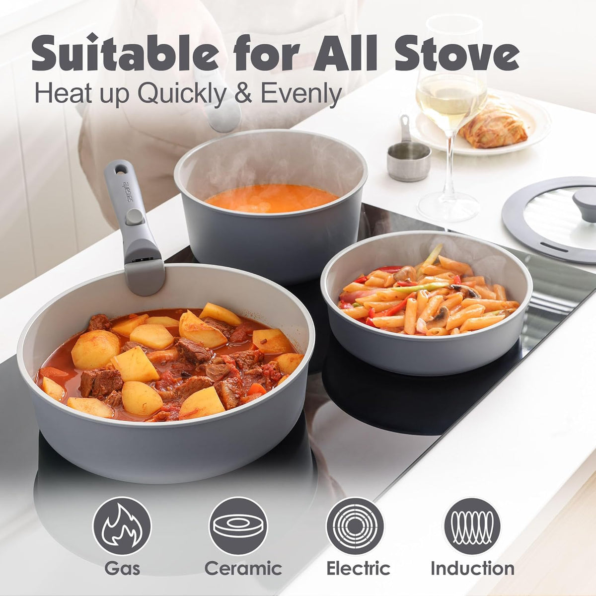 SENSARTE 17 Piece Ceramic Pots and Pans Set, Nonstick Detachable Handle Cookware, Induction Kitchen Cookware Set with Removable Handle, Dishwasher ?? Oven Safe (Gray)