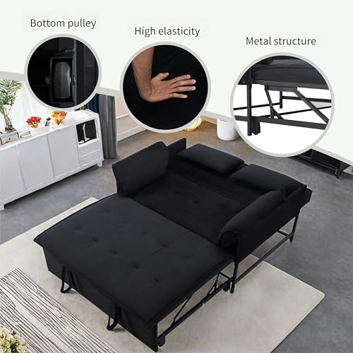 3 in 1 Sleeper Sofa Bed, Futon Sofa Bed for Living Room with Side Pocket, Black Sleepers Sofa Couch with Pullout Bed, Convertible Love Seat Sleepers Bed for Living Room, Bedroom, Small Space