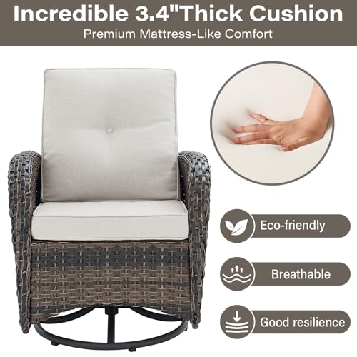 Patio Wicker Chairs Swivel Rocker - Outdoor Swivel Rocking Chairs Set of 2 with Rattan Side Table, Patio Swivel Glider Chair 3 Piece Patio Furniture Sets for Deck Porch Pool Brown/Blue