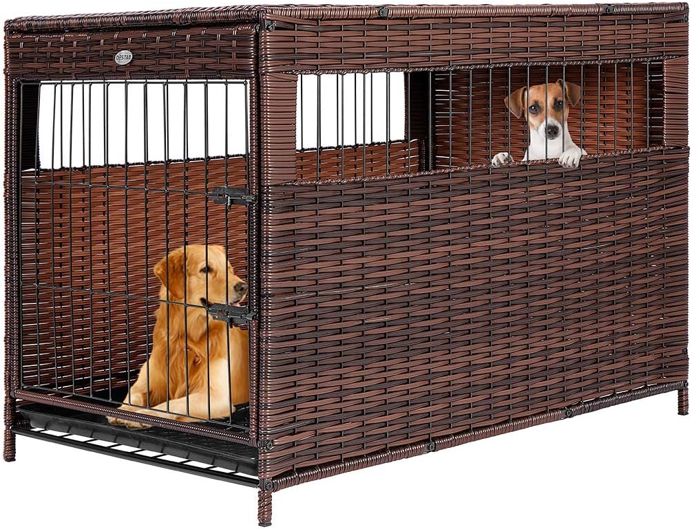 DEStar Heavy Duty PE Rattan Wicker Pet Dog Cage Crate Indoor Outdoor Puppy House Shelter with Removable Tray and UV Resistant Cover