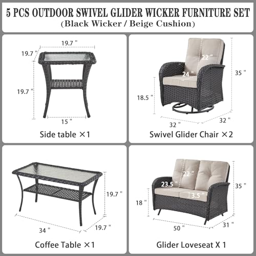 Patio Wicker Chairs Swivel Rocker - Outdoor Swivel Rocking Chairs Set of 2 with Rattan Side Table, Patio Swivel Glider Chair 3 Piece Patio Furniture Sets for Deck Porch Pool Brown/Blue
