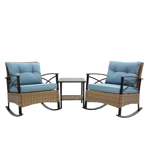 Outdoor Wicker Rocking Chairs Patio - 3 Pieces Patio Furniture Rattan Rocker Chairs Wicker Rocking Bistro Set with Cushions and Side Table for Garden Patio Yard Porch Lawn Balcony (Blue)