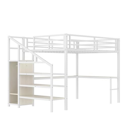 SOFTSEA Queen Size Metal Loft Bed with L-Shaped Desk and Wardrobe, Metal Bed Frame with USB and Adjustable Shelf, High Loft Bed with LED for Bedroom, No Box Spring Needed, White Wood Grain