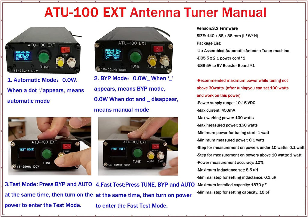 Malahit Antenna Tuner ATU-100 EXT 1.8-50MHz atu100 by N7DDC 7x7 0.96 Inch OLED 3.2 Firmware Programmed with Housing Assembled Machine with USB Cable??No Battery??