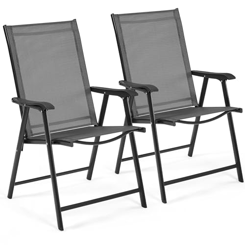 Yaheetech Patio Dining Chairs Set of 4 with Armrests, Outdoor Folding Chairs with Metal Frame and Backrest for Lawn, Garden, Yard and Poolside, Black