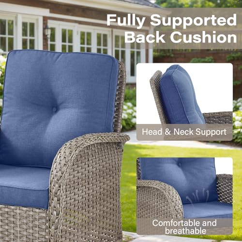 Patio Wicker Chairs Swivel Rocker - Outdoor Swivel Rocking Chairs Set of 2 with Rattan Side Table, Patio Swivel Glider Chair 3 Piece Patio Furniture Sets for Deck Porch Pool Brown/Blue