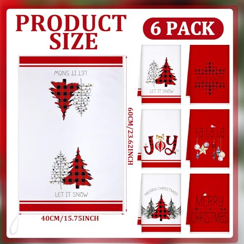 Geyoga 6 Pcs Merry Christmas Kitchen Towels Buffalo Plaid Xmas Tree Dish Towels Hand Towel Tea Towel Absorbent Soft Drying Cloth for Holiday Housewarming Gifts, 16x24 Inch(Gray White)