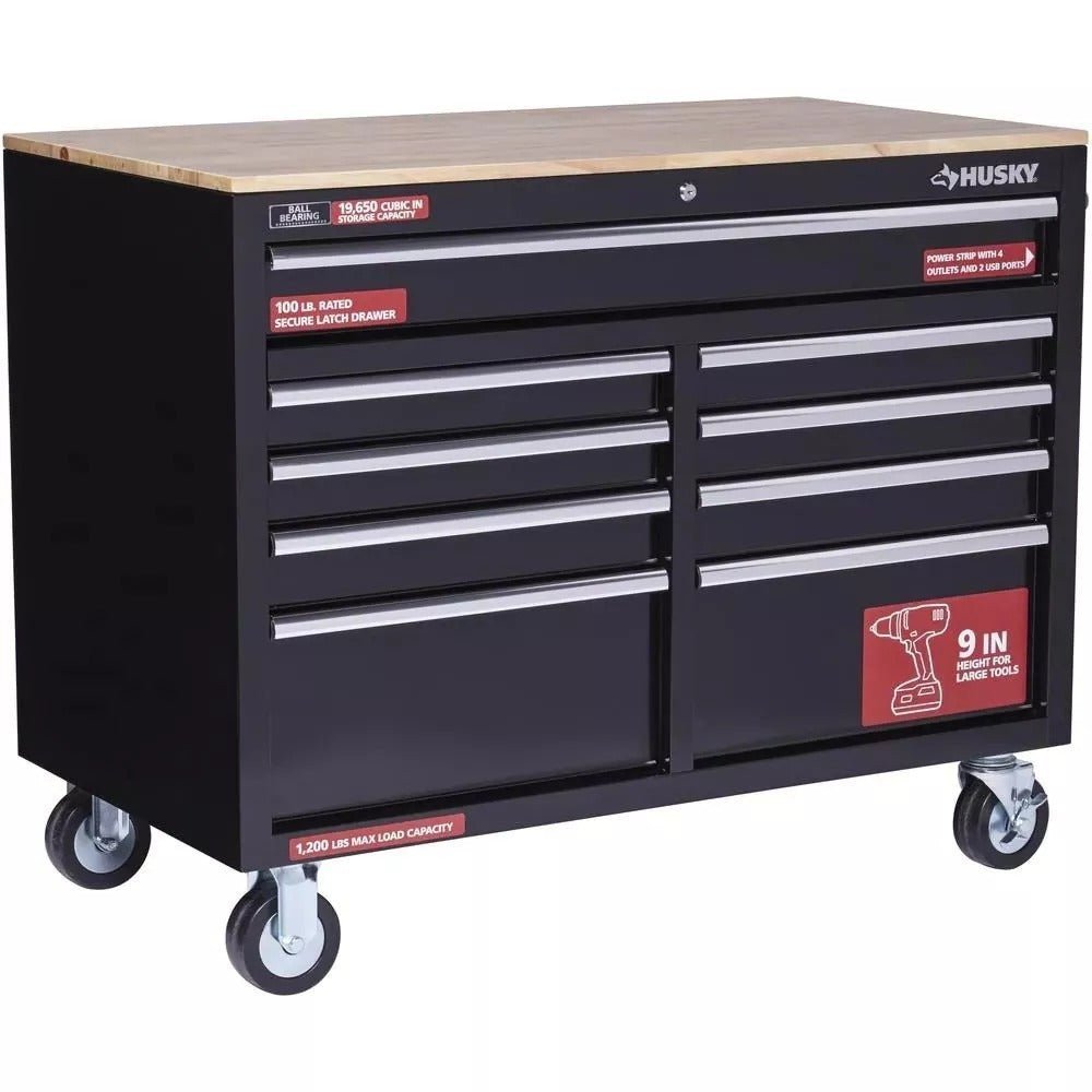 Husky 46 in. W x 24 in. D 9-Drawer Gloss Black Deep Tool Chest Mobile Workbench