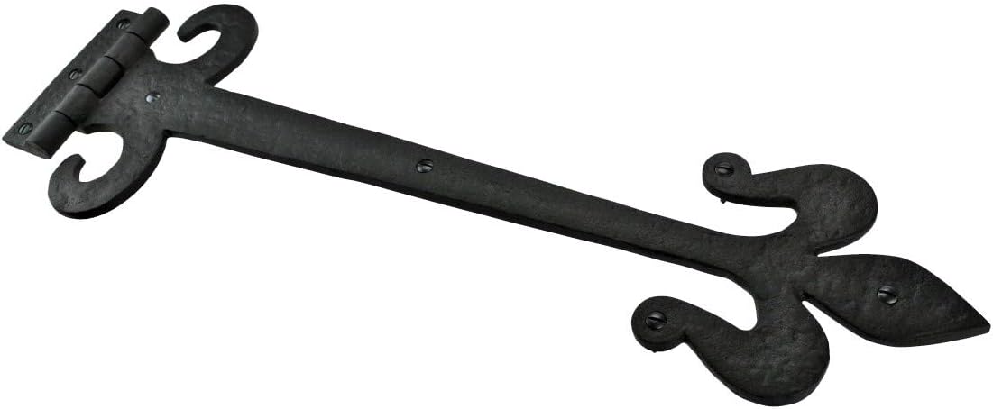 Renovators Supply Manufacturing Black Wrought Iron Door Strap Hinge 18 Long Antique Fleur De Lis Style Rust Resistant Flush Mount Door Hinges for Cabinet Or Barn Doors with Hardware Pack of 2