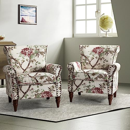 HULALA HOME Modern Wingback Accent Chair with Wood Legs & Removable Cushion, Comfy Upholstered Armchair with Nailhead Trim, Floral Pattern Single Sofa Chair for Living Room Bedroom, Blue