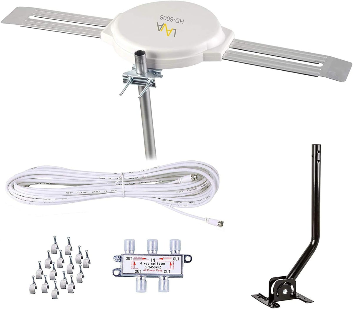 LAVA HD8008 Omnidirectional 360 Degree HD TV 4K Omnipro TV Antenna OmniPro HD-8008 + Installation Kit & FiveStar TV Antenna Jpole