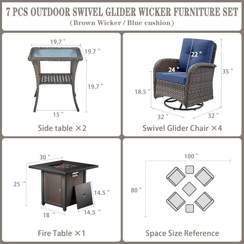 Patio Wicker Chairs Swivel Rocker - Outdoor Swivel Rocking Chairs Set of 2 with Rattan Side Table, Patio Swivel Glider Chair 3 Piece Patio Furniture Sets for Deck Porch Pool Brown/Blue