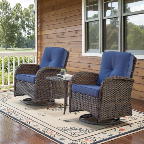 Patio Wicker Chairs Swivel Rocker - Outdoor Swivel Rocking Chairs Set of 2 with Rattan Side Table, Patio Swivel Glider Chair 3 Piece Patio Furniture Sets for Deck Porch Pool Brown/Blue