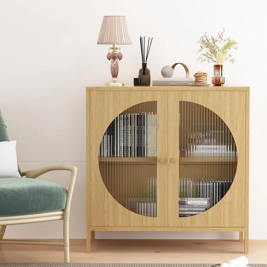 QCAI Sideboard Cabinet,Buffet Cabinet with Storage, Accent Storage Cabinet with Glass Doors, Cupboard Console Table for Living Room, Hallway, Dining Room, Entryway, 31.5X 15.7X 31.5 Inches