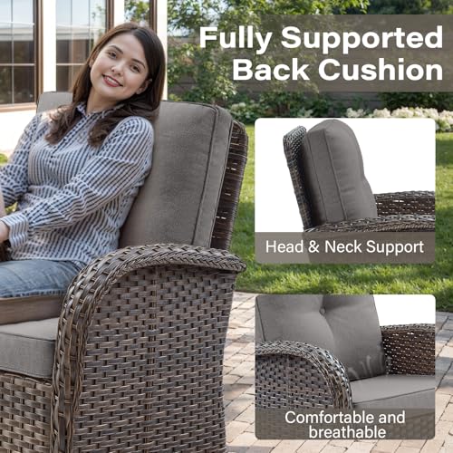 Patio Wicker Chairs Swivel Rocker - Outdoor Swivel Rocking Chairs Set of 2 with Rattan Side Table, Patio Swivel Glider Chair 3 Piece Patio Furniture Sets for Deck Porch Pool Brown/Blue