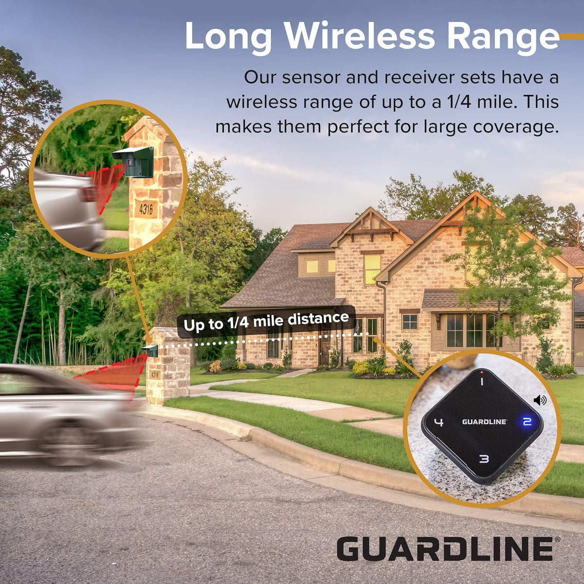 Guardline Wireless Driveway Alarm - 4 Motion Detector Alarm Sensors & 1 Receiver, 1/4 Mile Range, Weatherproof Outdoor Security Alert System for Home & Property