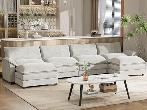 YESHOMY Sectional Modular Sofa U Shaped Chenille Fabric Couch with High Supportive & Soft Sponges and Removable Ottoman, Sleeper Comfy Upholstered Furniture for Living Room, Grey